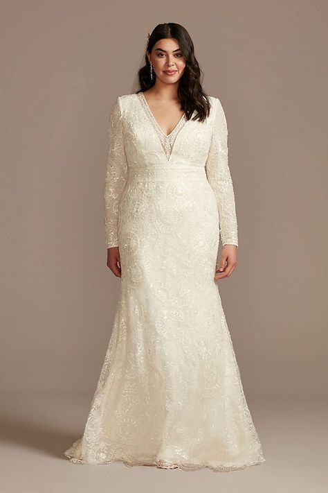 Sequined Plus Size Wedding Dress with Scallop Hem | David's Bridal Davids Bridal Plus Size, Wedding Dresses For Older Women, Plus Wedding Dresses, Embellished Wedding Dress, Melissa Sweet, Plus Size Wedding Dress, Small Yards, Modest Wedding Gowns, Sparkly Wedding Dress