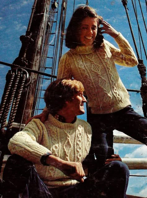 "PATTERN DETAILS: Fisherman cable sweaters for him and her. His has saddle shoulders and a crew neck and hers has plain shoulder seams and a cable patterned turtleneck. All sizes included. All written instructions. Women's Sweater Sizes: Instructions are for Size 8. Changes for sizes 10, 12 and 14 are in parentheses. Finished Measurements: Bust: 34\" (36-38-40)\" Back at Shoulders: 13\" (13 ½-14-14 ½)\" Sleeve at Underarm: 12\" (12 ½-13-13 ½)\" Materials: Knitting worsted weight yarn (4-oz): 5 ( Patterned Turtleneck, Cable Sweater Pattern, Cable Sweaters, Aran Jumper, Aran Knitting Patterns, Vintage Needlework, Sweater Patterns, Aran Sweater, Vintage Crochet Pattern