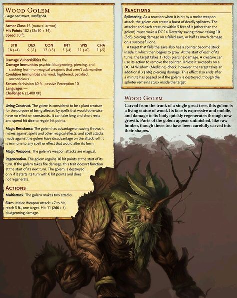 Dnd Forest Spirit, Golem Dnd 5e, Forest Monsters Dnd, Wood Golem, Dnd Plants, Forest Monsters, Mystical Creatures Mythology, Dnd Creatures, Dungeons And Dragons Races