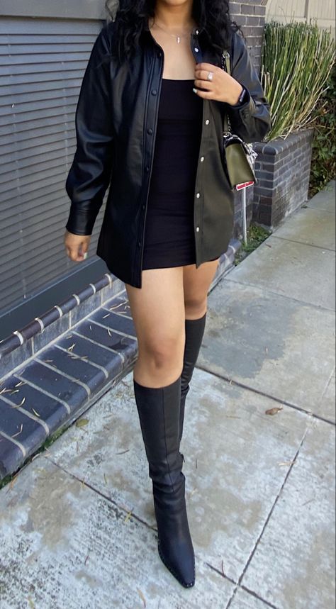 Fashion inspo, black outfit Leather Jacket Outfit Club, Black Jacket Dress Outfit, Leather Jacket With Mini Dress, Jackets To Go With Black Dress, Black Leather Jacket Dress, All Black Outfit With Leather Jacket, Black Dress And Leather Jacket Outfit, Leather Jacket With Dress Formal, Black Dress Black Jacket