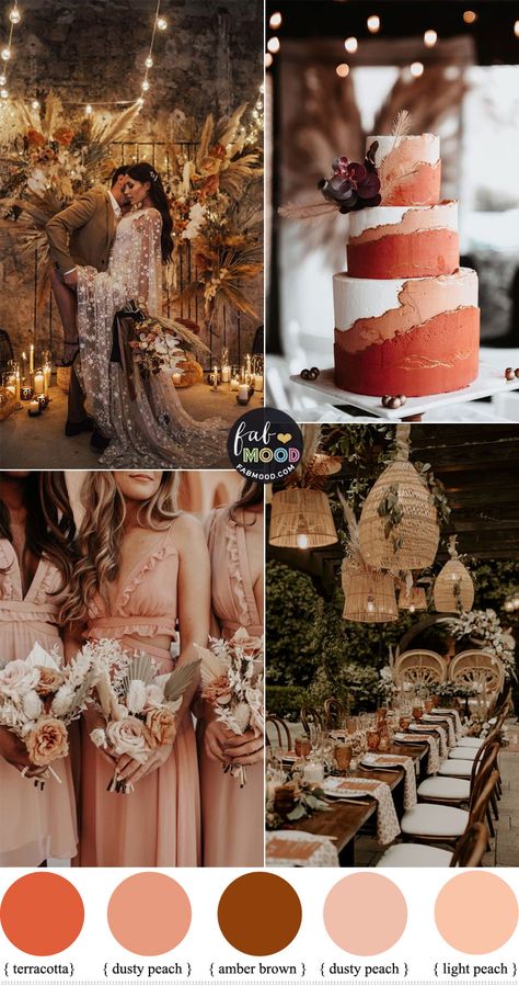 boho wedding decor, terracotta wedding color, boho wedding color theme, amber brown wedding, peach and terracotta wedding Rust Peach Wedding, Brown And Peach Wedding Theme, Terracotta And Peach Wedding Palette, Brown And Peach Wedding, Terracotta Peach Wedding, Wedding Autumn Colors, Brown Color Palette Wedding, Peach And Terracotta Wedding, Wedding Brown Theme