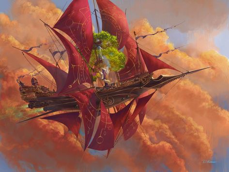 Ship Fantasy Art, Airship Art, Ewolucje Eevee, Steampunk Airship, Arte Steampunk, Treasure Planet, Dnd Art, Fantasy Setting, Fantasy Concept Art