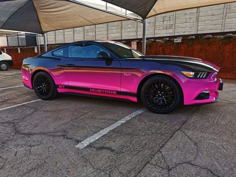 Mustang Car Wrap Design, Sports Cars For Women, Black And Pink Car Wrap, Pink Car Wrap Design, Black And Pink Mustang, Car Wrap Color Ideas, Mustang Wrap Ideas, Mustang Wraps, Pink Wrapped Car