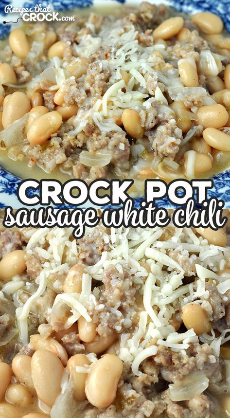 We absolutely love the flavor of this delicious Sausage Crock Pot White Chili recipe! I bet you will love it too and how easy it is to make! Crock Pot White Chili, White Bean Chili Crockpot, White Chili Crockpot, Ground Pork Sausage Recipes, Sausage Chili Recipe, Sausage And Peppers Crockpot, Sausage Crockpot Recipes, Sausage Slow Cooker, Ground Sausage Recipes