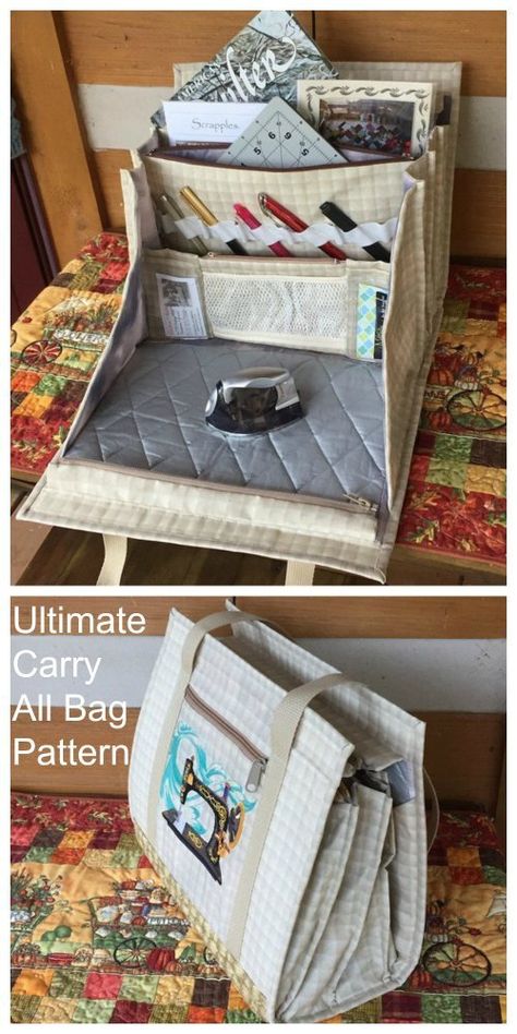 Sewing pattern for the ultimate sewing and quilting bag. The perfect workstation with pressing surface, and the right sized storage for all youur sewing supplies. Sewing pattern for a sewing storage bag, quilting bag, quilting pressing surface. #CarryAllBag #BagSewingPattern #SewABag #CarryAllBag #SewingToteBag #QuiltingBag #AdvancedBagPattern Bag Sewing Pattern, Sac Diy, Sewing Storage, Pattern Bag, Sewing And Quilting, Modern Bag, Bag Sewing, Sewing Purses, Pattern Sewing