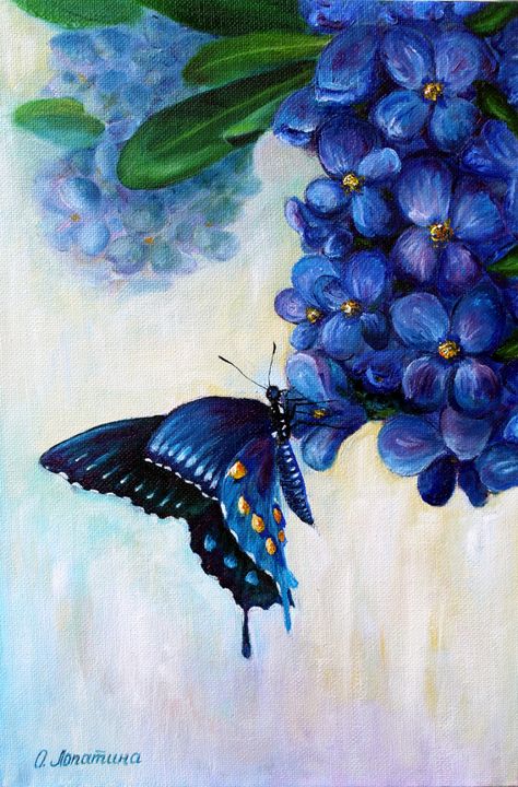 Sold. Butterfly Painting Insect Original Art Blue Floral Artwork Butterfly Painting With Flowers, Flowers And Butterfly Painting, Butterfly Flower Painting, Butterfly Garden Painting, Painting Butterfly On Canvas, Object Painting Ideas, Butterfly Painting Ideas On Canvas, Butterfly On Flower Painting, Butterflies Painting On Canvas