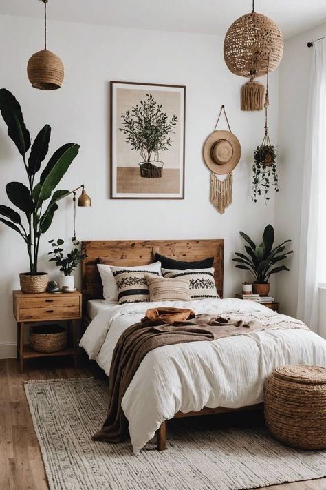 Bedroom Ideas Boho Chic, Natural Boho Bedroom, Cozy Natural Bedroom, Bedroom Inspo Minimalist, Boho Bedroom Makeover, Top Bedroom Ideas, Minimalist Boho Bedrooms, Boho Style Bedroom Decor, Bedroom Ideas Minimalist