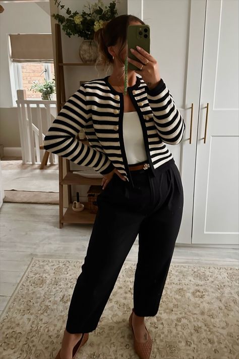 Mango Popeye Stripe Cardigan, … curated on LTK Striped Lady Jacket Outfit, Stripped Cardigan Outfits, Striped Cardigan Outfit, Business Casual Cardigan, Cardigan Work Outfit, Striped Sweater Outfit, Outfits With Striped Shirts, Autumn Fashion Work, Office Fits