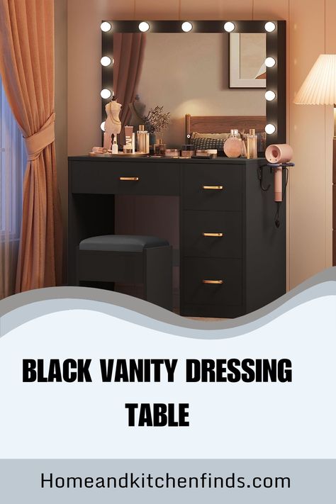 This is best black dressing table on amazon Dressing Table Ideas Black, Black Vanity Bedroom, Vanity Area In Bedroom, Build A Vanity, Black Makeup Table, Campus Room, Dressing Table Black, Black Dressing Table, Black Vanity Desk