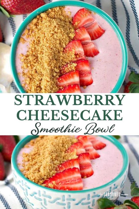 Start your day with a thick, creamy and protein-packed strawberry smoothie that you can eat with a spoon! Topped with crushed wholegrain graham crackers and fresh fruit, this healthy Strawberry Cheesecake Smoothie Bowl is like having dessert for breakfast! At Home Smoothie Bowl, Cottage Cheese Smoothie Bowl, Ninja Creami Recipes Smoothie, Ninja Creami Smoothie Bowl Recipe, Ninja Creami Smoothie Bowls, Smoothie Bowl Kids, Smoothie Bowls Recipes, Healthy Yogurt Bowls, Protein Smoothie Bowls