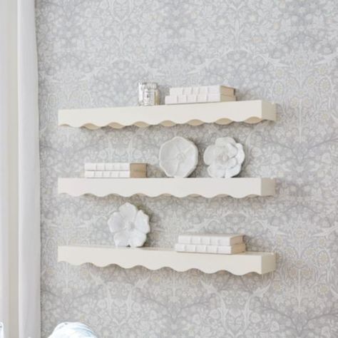 Tulette Floating Wall Shelf Decorative Scalloped White Wood with Plate Groove French Cleat Hanger, Scalloped Shelf, Closet Storage Systems, White Wall Shelves, Floating Wall Shelf, Floating Shelves Bathroom, Nursery Shelves, French Cleat, White Shelves