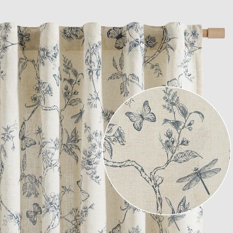 PRICES MAY VARY. Ready Made: Package includes 2 linen curtain panels, each measuring 50"W & 63"L (100"W for pair). The linen curtains are crafted from open weave linen blend fabric and primitively natural effect make the curtain panels more drapery and aesthetic. Vintage Design: The linen floral print curtains add soft dimensions to windows for a space that feels rustic yet complete. Understated hues give an updated sensibility to this elaborate botanical print design. Its graphic pattern in sub Blue Floral Curtains Bedroom, Patterned Bedroom Curtains, Bedroom With Floral Curtains, Blue Farmhouse Curtains, Blue Pattern Curtains, Curtains For Dining Room, Blue Kitchen Curtains, Blue Floral Curtains, Modern Farmhouse Curtains