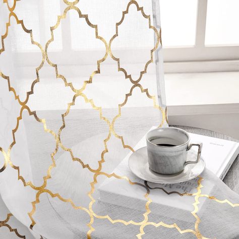 White and Gold Sheer Curtains for Bedroom - Gold Moroccan Tile Curtain Rod Pocket White Window Curtains 63 Inch Length 2 Panels for Girls Room, W52 x L63 Inches, 1 Pair, Gold White White Sheer Curtains Bedroom, Gold And White Curtains, White Window Curtains, Moroccan Curtains, Pink Sheer Curtains, Apartment Wishlist, Measuring Curtains, Window Sheers, Quatrefoil Pattern