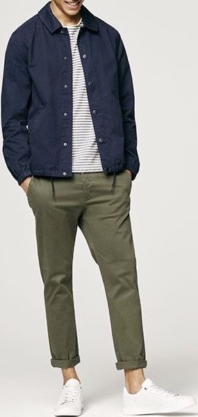 Dark Blue / Navy Jacket . Dark Green / Khaki Chinos . White Trainers #Spring #Summer Men’s Green Chino Outfit, Olive Green And Blue Outfit, Navy Blue And Olive Green Outfit, Green Khaki Pants Outfit Men, Blue And Green Outfit Men, Dark Blue Denim Jacket Outfit Men, Olive Green Chinos Outfit Men, Navy Blue Jacket Outfit Men, Green Pants Men Outfit