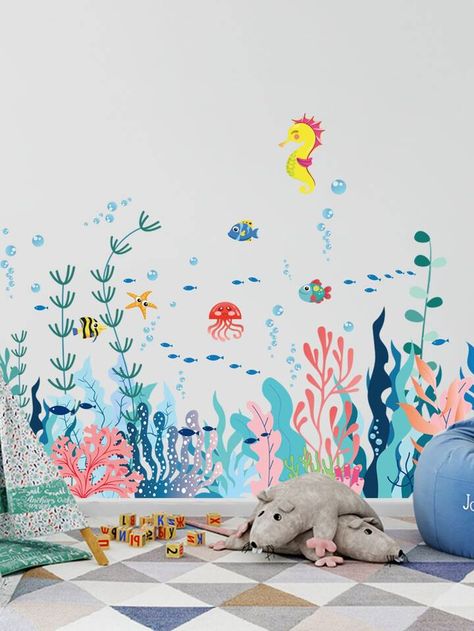 2pcs Marine Life Pattern Wall Sticker | SHEIN USA Sea Murals, Mermaid Wall Decals, House Kids Room, Mermaid Wall Decor, Mermaid Room, Fishing Decals, Nursery Mural, Under The Sea Theme, Cartoon Wall