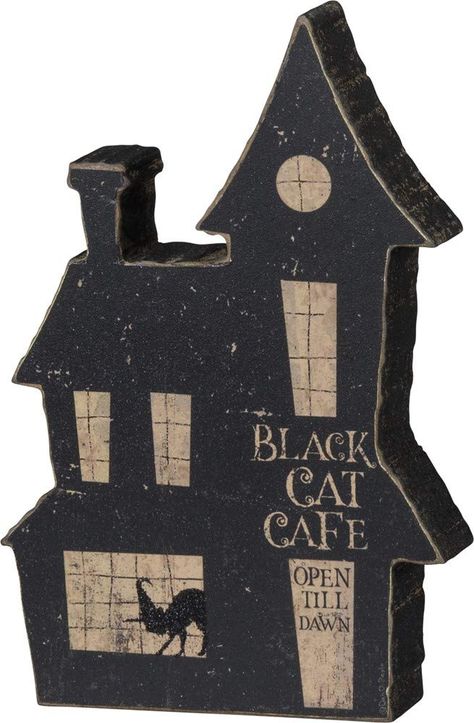 PRICES MAY VARY. STURDY WOODEN CONSTRUCTION: Sitter features sturdy wooden construction for durability. RUSTIC DESIGNS: Features rustic Halloween design with distressed details. DESIGNED TO FREE-STAND ALONE: Item can free-stand alone on a flat surface. SENTIMENT READS: Black Cat Cafe- Open Till Dawn DESIGNED IN THE USA: Proudly designed in the USA. Unique Christmas Decorations, Halloween Village, Primitives By Kathy, Cat Cafe, Creative Co Op, Christmas Store, Black Cat Halloween, Halloween Signs, Halloween Home Decor