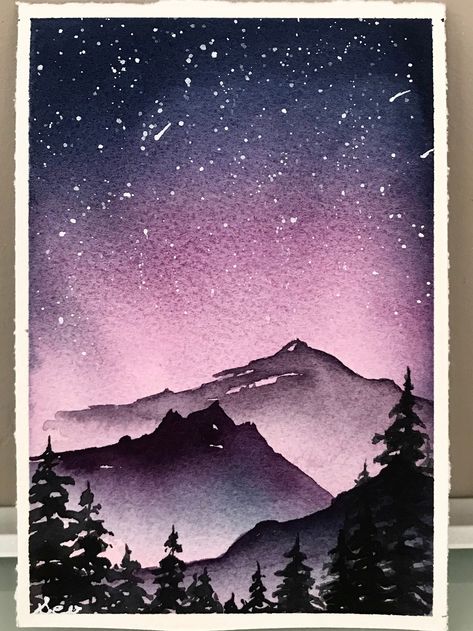 *ORIGINAL - NOT A PRINT* The starry night sky and glowing northern lights transport you to another world! - 4x6 original watercolor composition by Canadian artist Severine Stegner - Original signed watercolor - Painted on archival quality, acid-free, 100% cotton 140 lb. cold press watercolor paper - Painting will come packaged in a protective cellophane sleeve, sandwiched in a flat mailer to avoid bending in the mail. Ships from Canada. - Please be aware colors may vary slightly based on compute Purple Mountains Painting, Atmospheric Watercolor, Watercolor Northern Lights, Watercolor Starry Night, Watercolor Skies, Northern Lights Watercolor, Watercolor Composition, Night Watercolor, Watercolor Night Sky