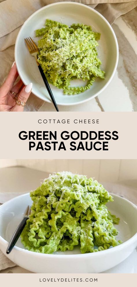 This Cottage Cheese Pasta Sauce comes together in just a few minutes and is full of fresh flavors and herbs. It's made with cottage cheese and greek yogurt which adds a ton of protein too. It's a quick & easy healthy dinner idea. Pesto Mac N Cheese, Veggie Filled Pasta Sauce, Pasta Alternative Healthy, Healthy Dinner Pasta Recipes, Second Trimester Dinner Ideas, Healthy Cream Sauce For Pasta, Cottage Cheese Pesto Pasta, Spinach Cottage Cheese Pasta, Healthy Recipes Cottage Cheese