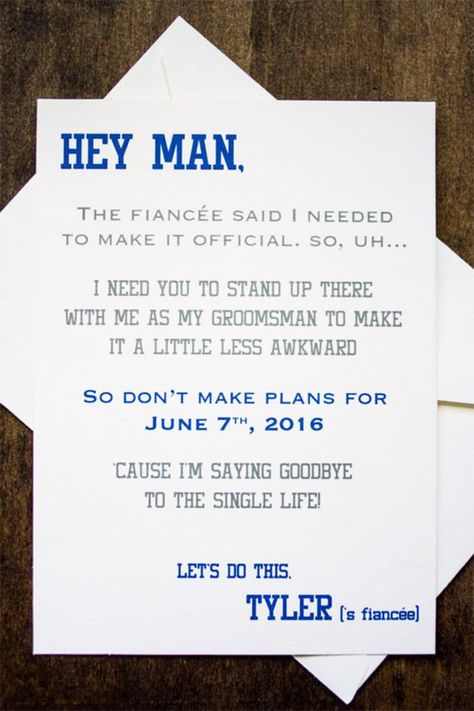 Groomsmen Proposal Ideas And#8220;Will You Be My GroomsmanAnd#8221; ❤ See more: http://www.weddingforward.com/groomsmen-proposal-ideas/ #weddings Groomsman Card, Funny Wedding Invitations, Invite Card, Be My Groomsman, Groomsmen Proposal, Wedding Groomsmen, Bridesmaids And Groomsmen, Wedding Wishes, Wedding Invite