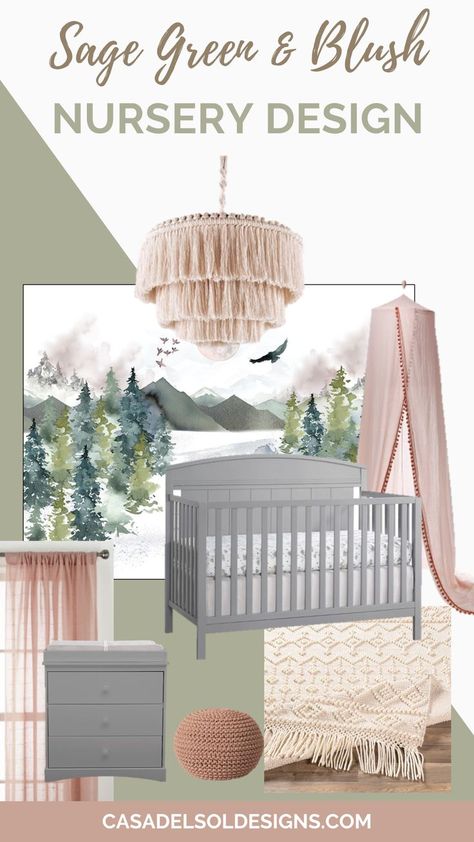 I'm designing a nature-inspired boho-styles nursery for some friends! The color pallette is sage green, blush and dove gray. Come check out the design plans and learn more about the project! Sage And Pink Nursery Curtains, Green Nursery Gray Crib, Green Nursery With Grey Crib, Sage Pink And Grey Nursery, Pink And Green Boho Nursery, Grey And Sage Green Nursery, Dusty Rose Sage Green Nursery, Gray And Blush Nursery, Blush And Olive Nursery