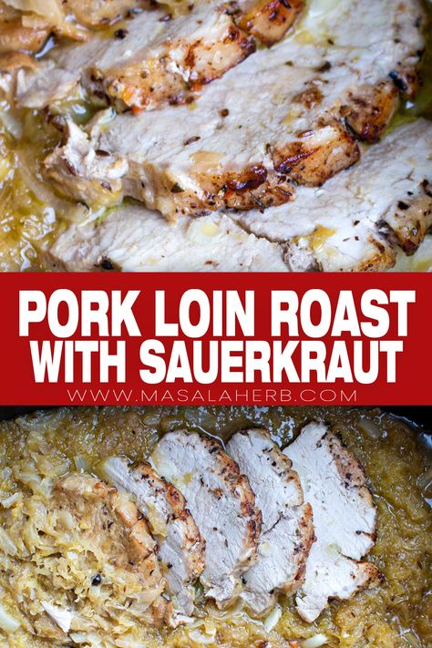 Pork Loin Roast with Sauerkraut Recipe - A German boneless pork loin roast recipe prepared in a Dutch oven with seasoned Sauerkraut. This is a one pot family meal that we love to serve up as a Sunday lunch or supper dish. You can meal prep leftovers! Recipe comes with process shot instructions and a how to video. www.MasalaHerb.com Boneless Pork Loin Roast In Oven With Sauerkraut, Saurkraut And Pork Roast Oven, Pork Loin And Sauerkraut In Oven, Pork And Sauerkraut Oven, Dutch Oven Pork Loin, Oven Pork Loin, Pork Roast With Sauerkraut, Dutch Oven Pork, Pork Roast And Sauerkraut