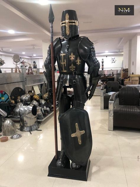 PRICES MAY VARY. This Templar Knight Suit of Armor inspired by 15th Century Suits of Armor worn by the crusaders in the Holy Land. The Knights Templar have become famous during the centuries of their existence, leaving a mark in history that still survives strongly today. Originally developed in the height of the middle ages, crusader armor is renowned for its flawless articulation, slick aesthetic, and beautiful fluting that makes it stand out from other armor designed in this time. It is hand Victorian Suits, Crusader Armor, Suits Of Armor, Knight Suit, Crusader Helmet, Apocalypse Survival Gear, Templar Knight, Dungeons And Dragons Miniatures, Early Middle Ages