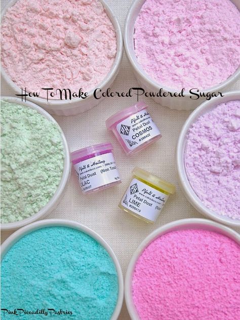 Pink Piccadilly Pastries: How to Make COLORED POWDERED SUGAR - 4 Ways! Icing Ideas, Icing Frosting, Poke Cakes, Candy Crafts, Edible Glitter, Cake Icing, Dessert Decoration, Cake Decorating Tutorials, Cake Frosting