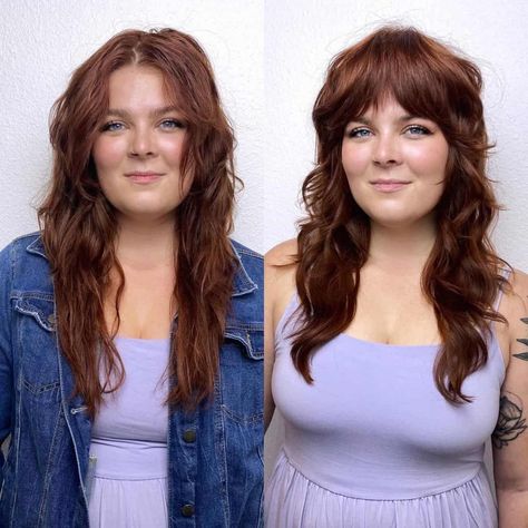 21 Most Flattering Long Hairstyles for Round Faces (2022 Trends) Cabelo Plus Size, Long Hairstyles For Round Faces, Short Face, Hairstyles For Fat Faces, Chubby Face Haircuts, Hairstyle For Chubby Face, Long Shag Haircut, Bangs For Round Face, Face Frame