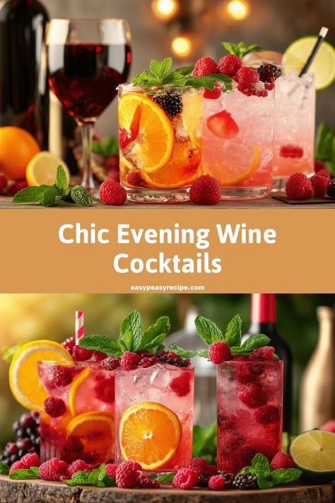 A variety of refreshing wine-based cocktails garnished with fresh fruits and herbs set against a cozy evening backdrop. Wine Based Cocktails, Evening Relaxation, White Wine Spritzer, Specialty Cocktails, Easy Zucchini Recipes, Wine Spritzer, Pot Recipes Healthy, Creative Recipes, Stone Fruits