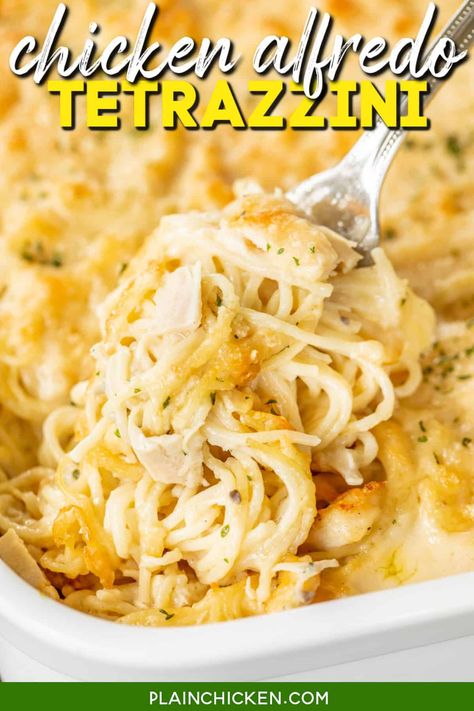 Chicken Alfredo Tetrazzini - two favorites combined into one amazing dish! Super creamy and delicious. Chicken, spaghetti, Alfredo sauce, cream of chicken, cream of mushroom, chicken broth, and parmesan cheese. Can make in advance and refrigerate or freeze for later. Great for an easy weeknight meal, potluck, dinner parties, and holiday meals. Serve with some green beans and rolls for a meal the whole family will enjoy! Cream Of Chicken Soup Recipes Cambells, Tetrazzini Chicken, Spaghetti Alfredo, Plain Chicken Recipe, Casserole Ideas, Alfredo Chicken, Chicken Alfredo Bake, Chicken Tetrazzini, Potluck Dinner