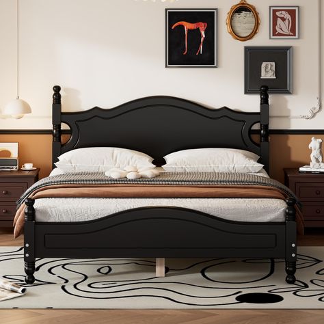 Wood Platform Bed Frame, Wooden Platform Bed, Queen Size Platform Bed, Four Poster Bed, Queen Bed Frame, Headboard Styles, Wood Platform Bed, Wood Headboard, Black Bedding