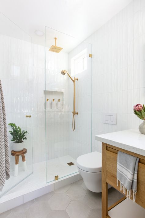 White Shower Tile, London Apartments, Small White Bathrooms, Gray Shower Tile, Bathroom Redesign, Master Bath Remodel, Boho Bathroom, Basement Bathroom, Bathroom Redo