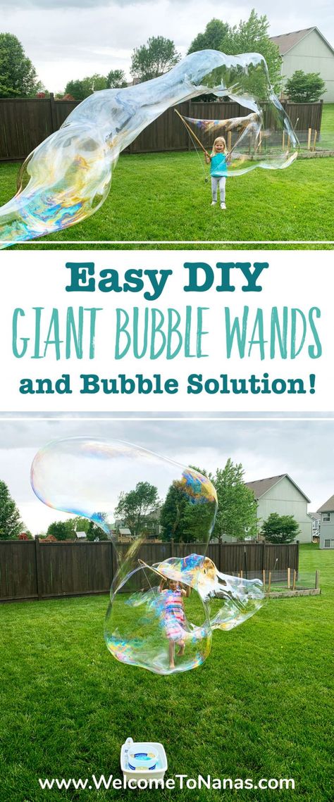 Homemade Bubble Wands, Giant Bubble Solution, Giant Bubble Recipe, Crafts For Kids Easy Diy, Big Bubble Wand, Bubble Station, Homemade Bubble Solution, Whimsy Wedding, Bubble Diy