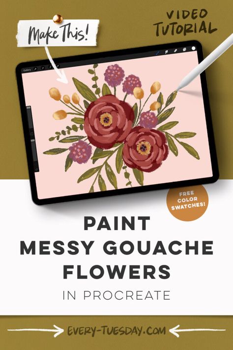 <strong>Easy Messy Gouache Flowers in Procreate</strong> Flowers In Procreate, Composition Template, Digital Gouache, Procreate Flowers, Procreate App Tutorial, Hand Lettering 101, Gouache Flowers, Ipad Lettering Procreate, Gouache Tutorial