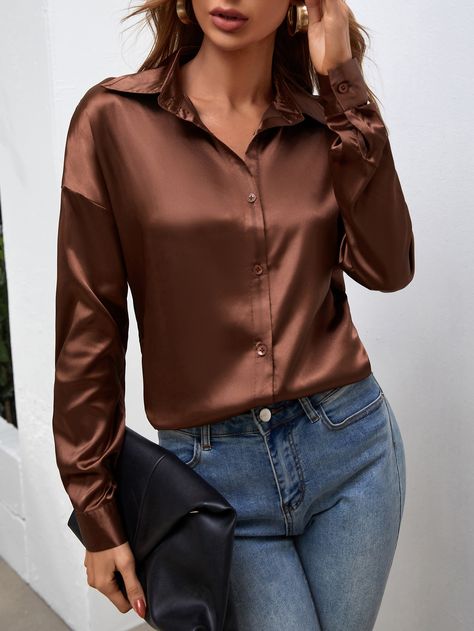 Coffee Brown Elegant  Long Sleeve Satin Plain Shirt  Non-Stretch Spring/Fall Women Tops, Blouses & Tee Satin Blouse Outfit Jeans, Satijnen Blouses, Silk Shirt Outfit, Satin Shirts, Satin Bluse, Drop Shoulder Shirt, 50 Style, Satin Blouses, Elegant Blouses