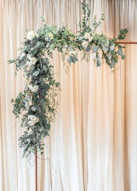 Wedding Arch Ideas Eucalyptus, Greenery Flowers Wedding, Wedding Arch Eucalyptus White Flowers, Wedding Flowers Eucalyptus And White, Eucalyptus Arbor, Wedding Arch Eucalyptus, Copper Arbor, Eucalyptus Wedding Arch, Arbor Greenery