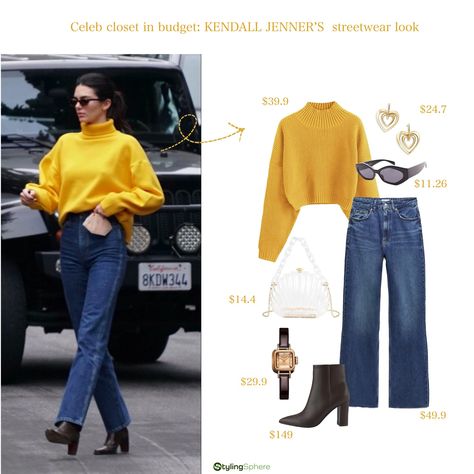 In the sun-kissed streets of fashion, Kendall Jenner strides—a canvas painted in hues of chic. And now you can as well. The budge ensemble we created contains : 🌟 The Sunflower Sweater: A golden halo, spun from sunflowers’ dreams, the yellow turtleneck pullover from AMAZON. 👖 Denim Sonata: Blue jeans, a denim serenade, mold to your curves from ZARA. ✨ Heart Earrings: Gold hearts from BLOOMINGDALE’S cradles the ears—celestial whispers. They swing, pendulum of elegance, catching sunlight li... Fashion Kendall Jenner, Yellow Sweater Outfit, Sunflower Sweater, Yellow Turtleneck, High Top Converse Outfits, Converse Outfits, College Outfits Winter, Turtleneck Pullover, Gold Hearts