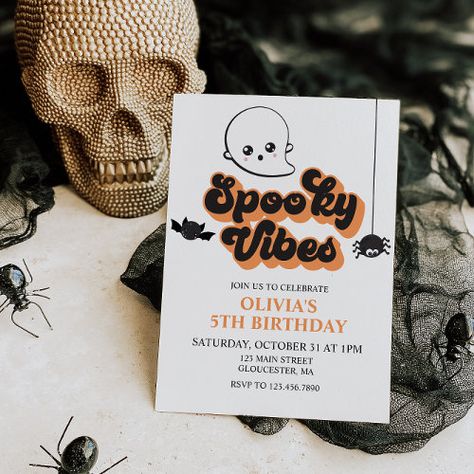 Spooky Vibes Halloween Birthday Invitation #zazzle #weddinginvitations #birthdayinvitations #babyshowerinvitations #zazzleinvitations #monogram #businesscards #graduation #homedecor Halloween Invitations Kids, Spooky One, Ghost Bat, Halloween Birthday Invitations, Halloween Invitations, Spooky Vibes, Birthday Design, Halloween Birthday, 5th Birthday