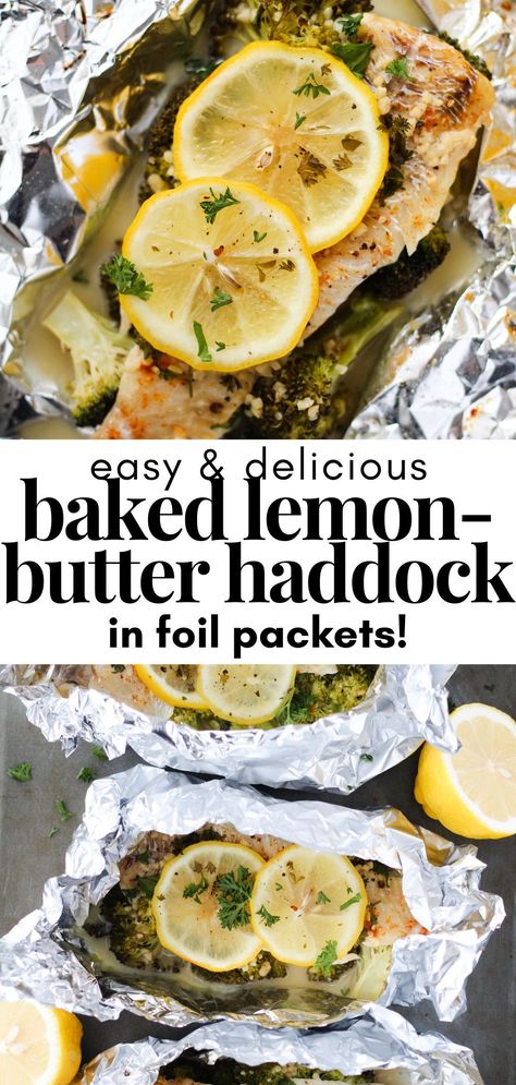 Baked in foil is my favourite way to cook haddock! The baked white fish emerges from the foil packet flaky and tender every time. And my homemade lemon-butter sauce is the perfect seasoning! Cook the haddock together in the foil with broccoli, and serve with roasted potatoes for a balanced and healthy meal. #bakedhaddock #fishinfoil #foilpackets #foilpacketfish #healthydinner #easymeals #healthymeals #fishrecipes #haddockrecipes Baked Fish Recipes Healthy Foil Packets, Fish Pockets Foil Packets, Baked Fish In Foil Packets, Grilled Fish In Foil Packets, Baking Fish In Foil, White Fish Foil Packets For The Oven, Aluminum Foil Fish Recipes, Haddock On The Grill Foil Packets, Frozen Haddock Recipes Baked