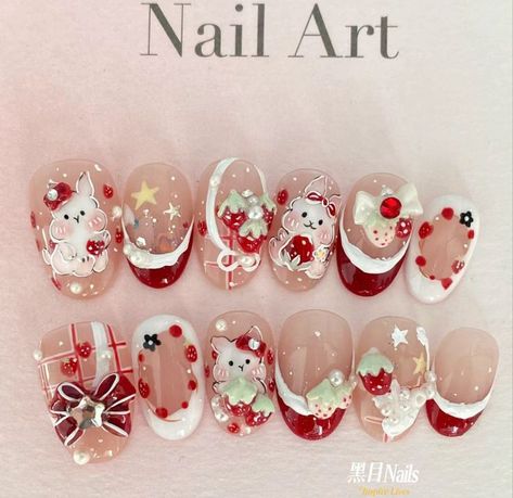 Jelly Christmas Nails, Christmas Sanrio Nails, Christmas Nails Kawaii, Christmas Nails Charms, Asian Christmas Nails, Christmas Douyin Nails, Christmas Nails Douyin, Korean Nails Christmas, Kawaii Winter Nails