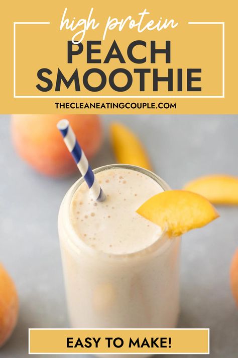 High Protein Peach Smoothie you can make in under 5 minutes! Healthy, creamy and packed with protein – this Fresh Peach Smoothie is the best! White Peach Smoothie, Keto Peach Smoothie, Healthy Peach Recipes Clean Eating, Low Calorie Peach Recipes, Peach Protein Smoothie, Fresh Peach Smoothie, Peach Smoothie Recipes Healthy, Vanilla Protein Smoothie Recipes, Peach Yogurt Smoothie