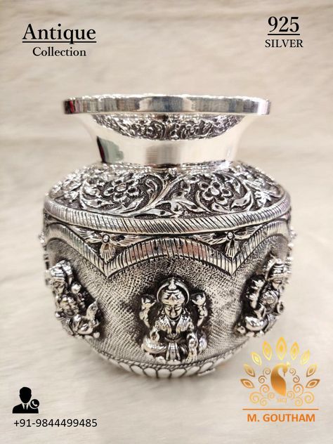 Antique Make 925 Silver Asthalakshmi Chambu :) Silver Ware, Silver Articles, Emerald Stone Rings, Shading Drawing, Kids Dress Boys, Nigerian Recipes, Vishnu Wallpapers, Pooja Items, Silver Pooja Items