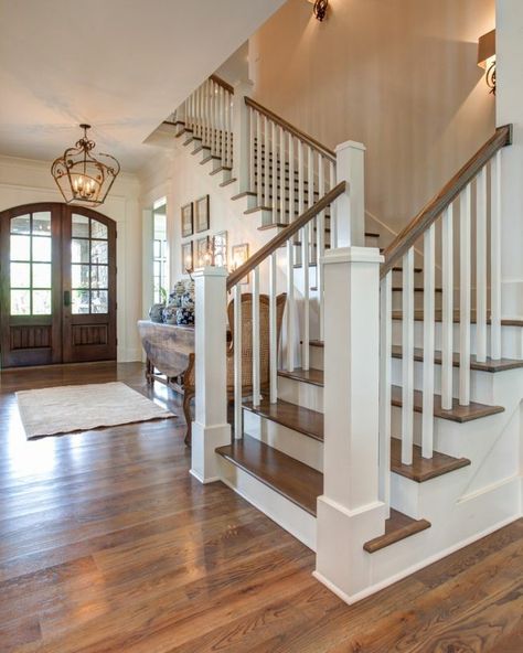 Dream House Farmhouse, Foyer With Stairs, Foyer Stairs, Entryway Stairs, White Staircase, Stairway Decorating, Open Staircase, Little Rock Arkansas, Foyer Decorating