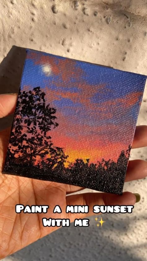 Painting Small Canvases, Shadow Painting Ideas Aesthetic, Mini Canvas Sunset Paintings, Sunset Aesthetic Painting, Mini Sunset Painting, Tripping Art, Diary Painting, Mini Tela, Ocean Art Painting