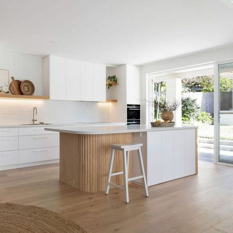 Timber Flooring Ideas, White Wood Island Kitchen, White Kitchen With Timber Benchtop, Light Timber Kitchen, White Timber Kitchen, White And Light Timber Kitchen, Timber Island Bench Kitchen, Kitchen Island Timber Feature, White And Timber Kitchen