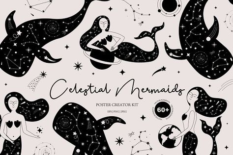 Celestial Mermaids. Zodiac & whale. by Alona Savchuk on @creativemarket Line Art Stars, Mermaid Line Art, Celestial Mermaid, Wildflower Illustration, Mermaid Vector, Mermaid Cartoon, Mermaid Quotes, Mermaid Poster, Mermaid Svg