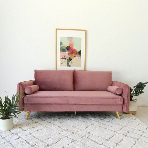 Dusty Rose Sofa, Rose Sofa, Living Room Minimal, Pink Velvet Couch, Pink Velvet Sofa, Contemporary Decor Living Room, Pink Couch, Apt Ideas, Pink Sofa