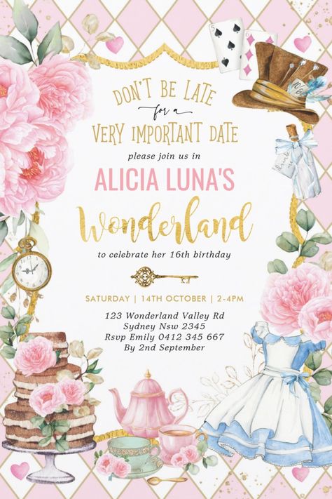 Whimsical Alice in Wonderland tea party birthday invitations. Amazing birthday party invites for girls featuring Alice in Wonderland theme. afflink Alice In Wonderland Invitations, Tea Bridal Shower Invitations, Wonderland Invitation, Wonderland Birthday Party, Alice In Wonderland Tea Party Birthday, Yw Activities, Alice In Wonderland Birthday, Tea Party Invitations, Alice In Wonderland Tea Party