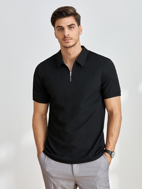 SHEIN Men Quarter Zip Ribbed Knit Polo Shirt Quarter Zip Shirt Outfit Men, Zip Up Polo Shirt, Men Quarter Zip Outfit, Zip Polo Shirt Men, Plain Polo Shirt For Men, Black Polo Tshirt Men Outfit, Plain T Shirt Outfit Men, Knit Polo Men Outfit, Black Polo Shirt Outfit Men