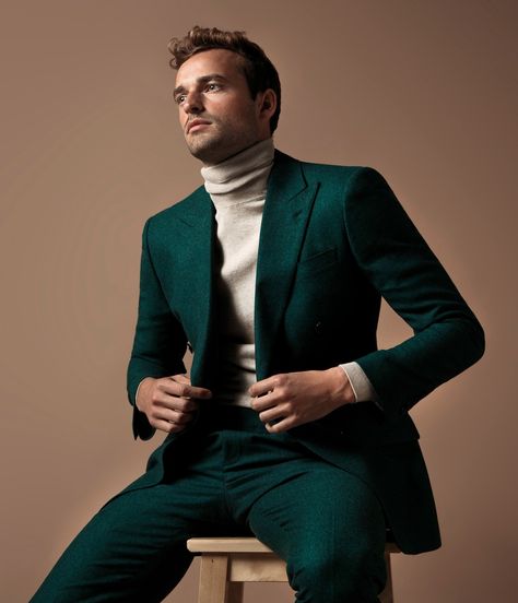 Wedding Suit Green, Men Green Suit, Green Beach Wedding, Beach Wedding Suit, Green Groomsmen, Mens Christmas Party Outfit, Turtleneck Suit, Green Suit Men, Teal Suit